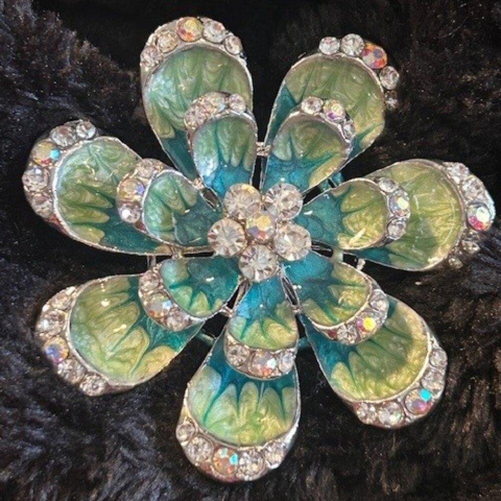 Gorgeous Blue Green Peacock Crystal Flower Brooch